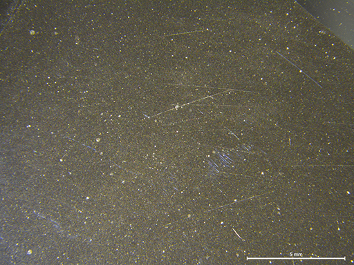 Viewed with the microscope and 250 W fibre-optic illumination, the synthetic moissanite samples showed a dark grey body colour with an olive tinge. Photomicrograph by F. Notari.