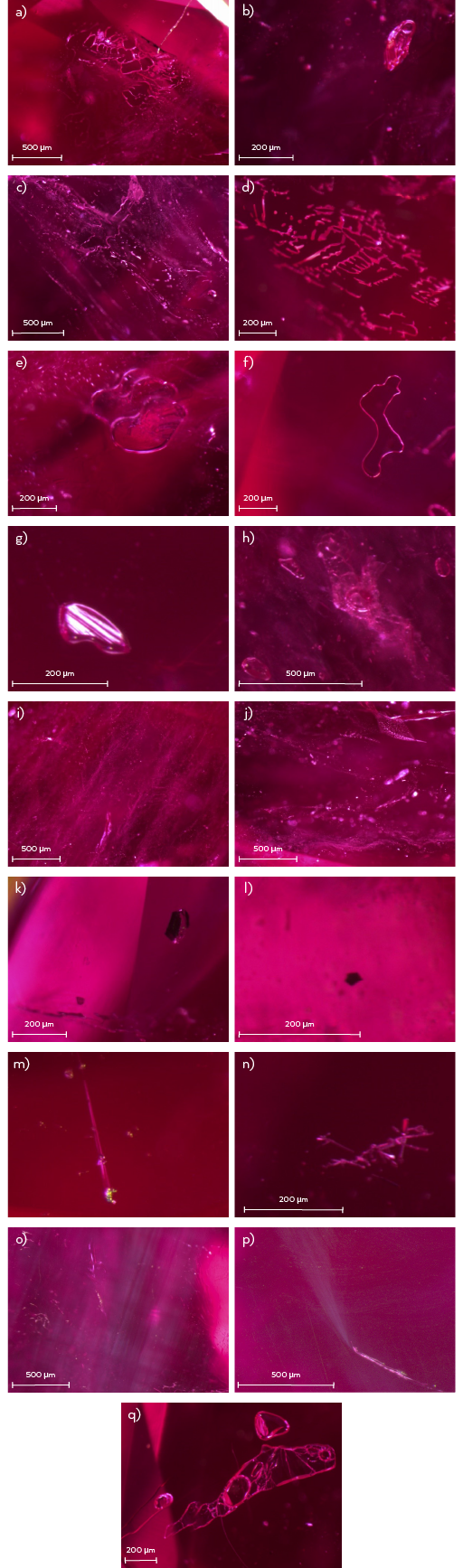 A selection of inclusion micrographs representing some of the features found in the flux synthetic rubies